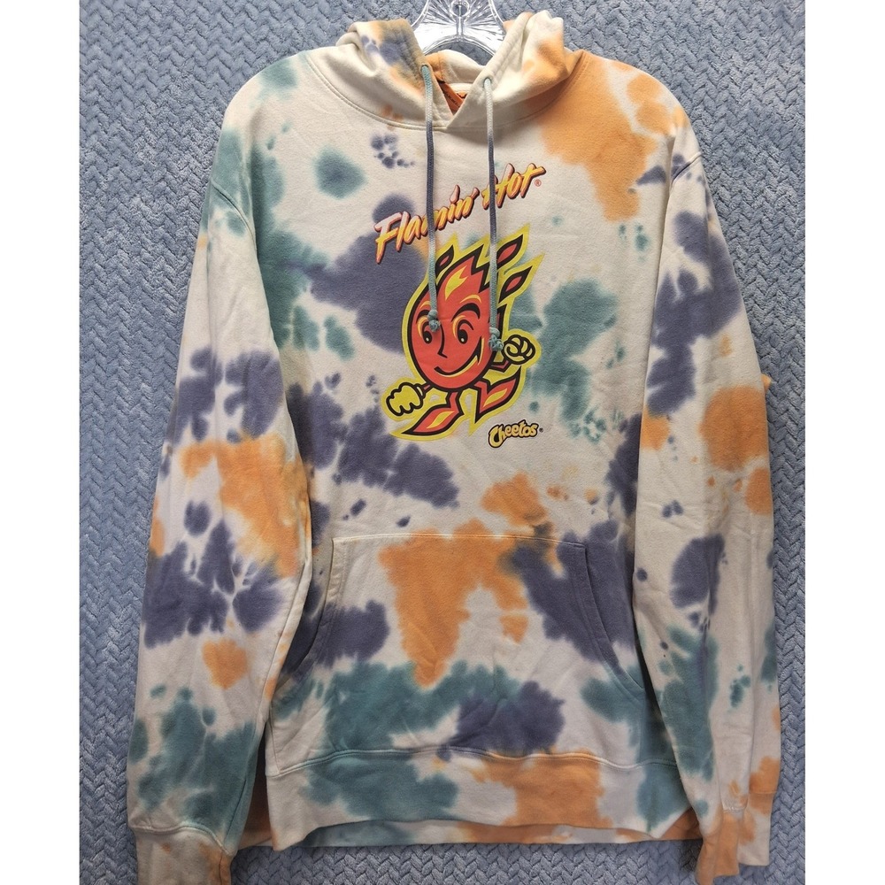 Cheetos Flamin Hot Tie Dye Graphic Hoodie Orange Blue White LG